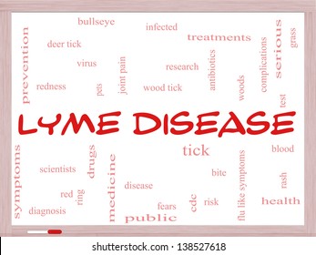 Lyme Disease Word Cloud Concept On A Whiteboard With Great Terms Such As Deer Tick, Blood, Bullseye, Bite And More.