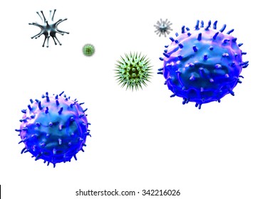 Lymphocytes And Viruses, Coronavirus On The White Bacground, T-lymphocytes Attack A Migrating Cancer Cell,  Lymphocytes And Viruses On The White Background