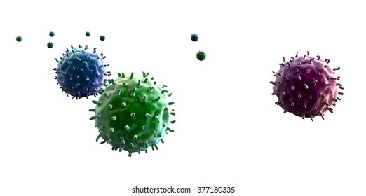 Lymphocytes And Viruses, Coronavirus On The White Bacground,T-lymphocytes Attack A Migrating Cancer Cell, Lymphocytes And Viruses On The White Background