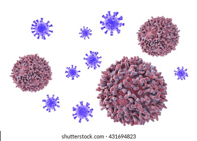 Lymphocytes and viruses. Immune defense. 3D illustration