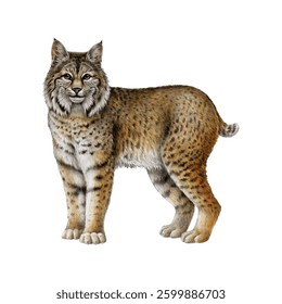 Lynx wild feline animal painted illustration. Hand drawn bobcat North America native wildlife forest animal on white background. Lynx rufus wildcat woodland mammal vintage style illustration