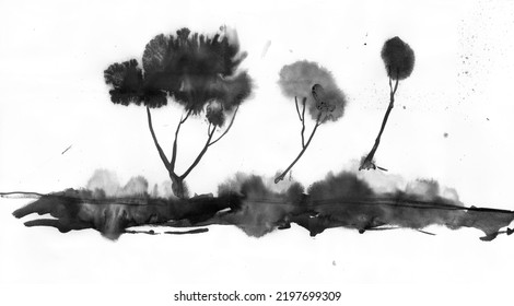 Lyrical Autumn Landscape. Late Fall. Swamp. Three Trees In The Fog.