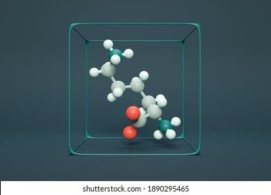 Lysine (l-lysine, Lys, K) amino acid molecule. 3D rendering. Ball and stick model with atoms represented by color coded spheres: oxygen red, nitrogen green, carbon light grey and larger, etc