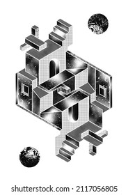 M C Escher Style Black And White Noise Texture Illustration Using Floating Isometric Geometric 3D Simple Shapes With Window, Buildings, Optical Illusion Effect Stairs And Planets