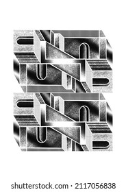 M C Escher style black and white noise texture illustration using floating isometric geometric 3D simple shapes with window, buildings, optical illusion effect stairs