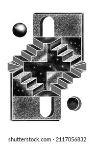 M C Escher Style Tarot Playing Card, Black And White Noise Texture Illustration Using  Isometric Geometric 3D Simple Shapes With Window, Doorway, Optical Illusion Penrose Stairs And Planets