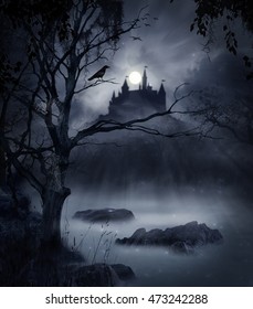 Macabre Swamp At Night With A Castle In The Back