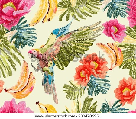 Macaw print, seamless, with stylish elements that mimic embroidery. Flowers, leaves, cores, animals.