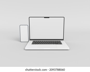 MacBook Pro Laptop And IPhone 13 Smartphone In 3D Rendered Illustration On White Background In Minimal Style For Mockup And Responsive Website. Blank Screen Apple Laptop Computer,  Mobile Phone 2021.