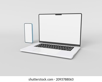 MacBook Pro Laptop And IPhone 13 Smartphone In 3D Rendered Illustration On White Background In Minimal Style For Mockup And Responsive Website. Blank Screen Apple Laptop Computer,  Mobile Phone 2021.