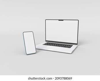 MacBook Pro Laptop And IPhone 13 Smartphone In 3D Rendered Illustration On White Background In Minimal Style For Mockup And Responsive Website. Blank Screen Apple Laptop Computer,  Mobile Phone 2021.