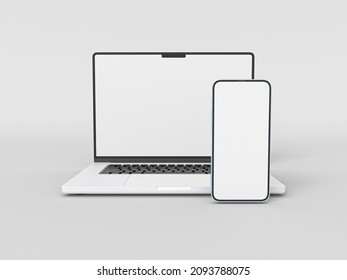 MacBook Pro Laptop and iPhone 13 smartphone in 3D rendered illustration on white background in minimal style for mockup and responsive website. Blank screen Apple laptop computer,  mobile phone 2021.