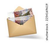 Macedonian Denar notes inside an open brown envelope. 3D illustration of money in an open envelope