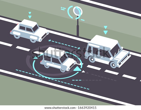 Machine car controlled on road by autopilot.\
Automobile traffic,\
illustration