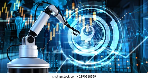 Machine Deep Learning Neural Network AI Artificial Intelligence. Business Industrial Technology Concept. Cobot 3d Render.