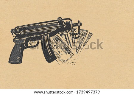 machine gun on dolars notes vintage background