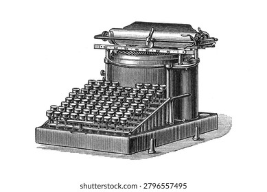 Machine with a keyboard and visible typebars in the printing position, fine lines and hatching highlighting the cast-iron base, key mechanisms, carriage, and paper roller, old vintage illustration, 1897.