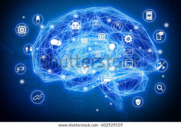 機械学習 人工知能 愛 深い学習 未来のコンセプト ワイヤフレームの脳は 回路の電子グラフィック バイナリコード テクノロジアイコンの背景に接続します 青のトーン のイラスト素材