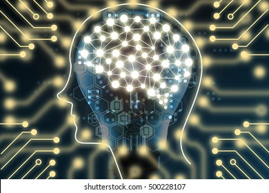 Machine Learning And Artificial Intelligence Concept. Brain Connection Learning On Light Bulb And Electric Circuits Graphic