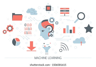 Machine learning concept. Artificial intelligence learning new algorithm and improve. Idea of futuristic technology and automation. Set of colorful icons. Isolated flat  illustration