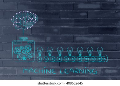 machine learning: electronic circuit brain on factory machine producing ideas