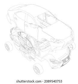 Machine Outline Disassembled Into Parts Isolated On White Background. Machine Parts Are Separated From Each Other. Isometric View. 3D Illustration