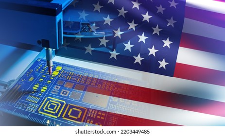 Machine Tool With Micro Chips And Flag Of America. American High-tech Industry. Equipment For Production Of Chips. PCB Manufacturing In USA. American Factory For Production Of Micro Chips. 3d Image