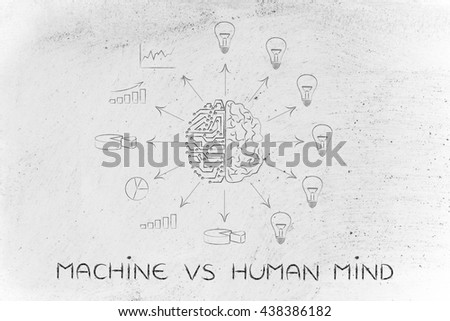 machine vs human mind: artificial intelligence and brain surrounded by data processing and ideas with arrows pointing out