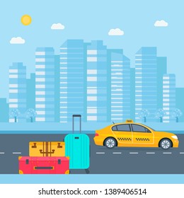 Machine yellow cab with driver and baggage  in the city. Public taxi service concept. Flat  illustration.