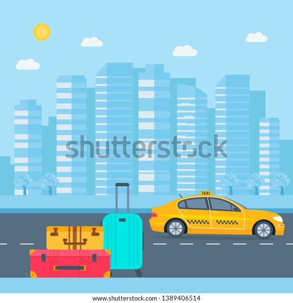 Machine yellow cab\
with driver and baggage  in the city. Public taxi service concept.\
Flat \
illustration.