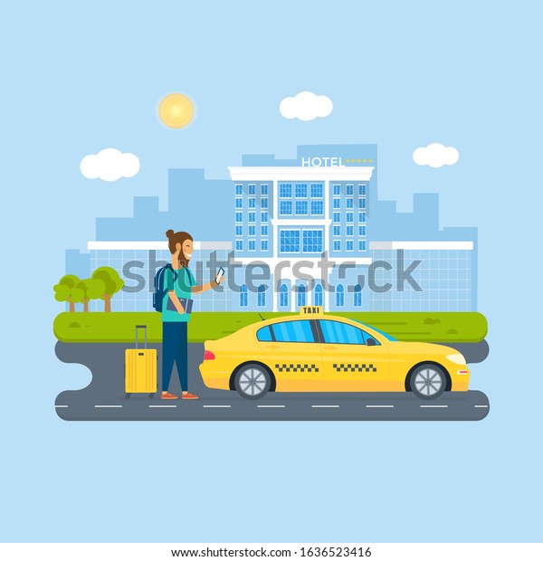 Machine\
yellow cab, young man with phone searching for taxi in the city.\
Public taxi service concept. Flat \
illustration.