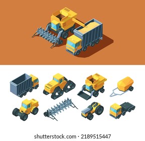 Machines Agricultural Isometric Set. Vehicles Modern Industry Rural Caterpillar Tractor Grain Truck Wheeled Farm Cutting Machine Tractor, Trailer Seeder Machine Harvester. Cartoon Isometric .