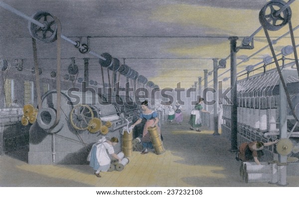 Machines making cotton thread by performing mechanical versions of carding drawing and roving in a mill in Lancashire England ca 1835 Engraving with modern watercolor.