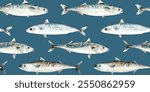 Mackerel Fish. Seamless pattern. Illustration hand drawn in watercolor in pastel colors, for marine and seaside designs, textiles, packaging and canned fish.