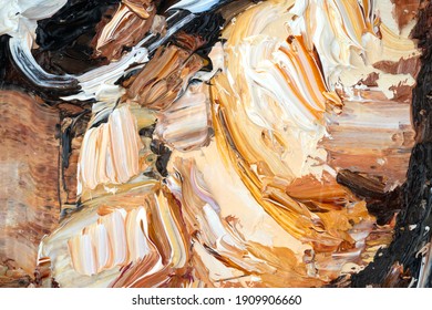 Macro. Abstract Art. Expressive Embossed Pasty Oil Paints And Reliefs. Colors: Red; Brown, White, Orange.