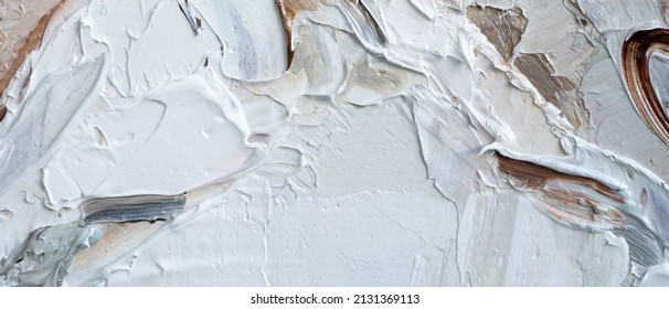 Macro. Abstract art. Expressive embossed pasty oil paints and reliefs. Colors: white,ocher,  brown, 