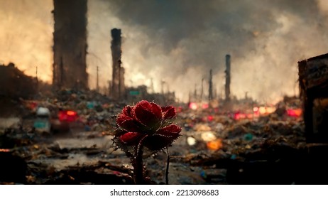 Macro Close Up Of Red Flower Against A Post Apocalyptic Destroyed City