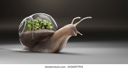 Macro close up of a snail with shallow depth of field, moving over a plain light grey flat surface leaving a trail and carrying a glass terrarium shell filled with dirt and small succulent leaves - Powered by Shutterstock