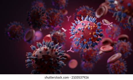 Macro coronavirus(covid-19) cell Delta and Omicron variant,deltacron(2022), B.1.1.529,B.1640.1,COVID 19 variant of SARS-CoV-2.Mutated coronavirus SARS-CoV-2 flu disease pandemic,3D render illustration