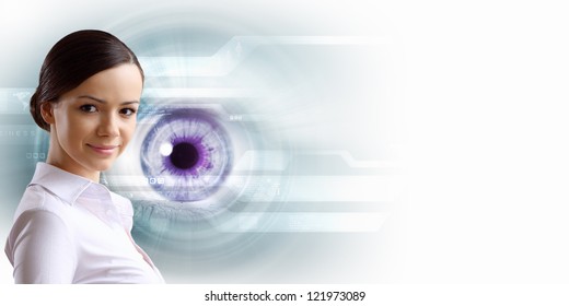 Macro image of human eye against white background