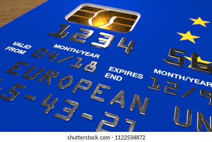 Macro Render Of European Union Credit Card. The EU Banking System. 3D Rendering