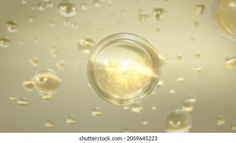 Macro shot of various Golden bubbles in water rising up on light background. Beauty glossy Moisturizing bubble blobs or drops 3D Rendering 6k. Vitamin for personal care and beauty concept. 