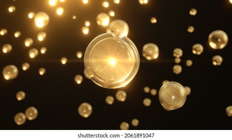 Macro shot of various Golden bubbles in water rising up on Black background. Beauty glossy bubble blobs or drops 3D Rendering 6k. Vitamin for personal care and beauty concept. 