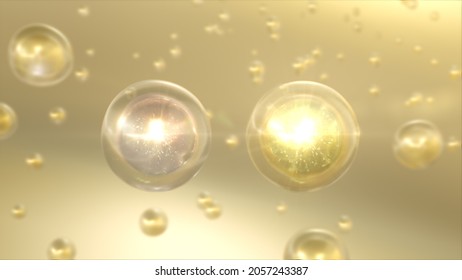 Macro shot of various Pink and Gold bubbles in water rising up on light background. Beauty glossy Moisturizing bubble blobs or drops 3D Rendering 6k. Vitamin for personal care and beauty concept. 