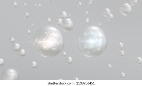Macro shot of various White Pearl bubbles in water rising up on light background. Beauty glossy Moisturizing bubble blobs or drops 3D Rendering 6k. Vitamin for personal care and beauty concept. 