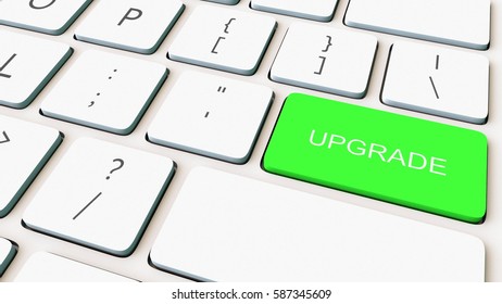 Macro shot of white computer keyboard and green upgrade key. Conceptual 3D rendering