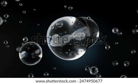 Macro of three drops of transparent liquid merge into one with bubbles inside on black backdrop. Skin care serum droplets uniting into one. Cosmetics moisturizer fluid concept. 3d. 3D Illustration