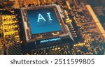 Macro view of CPU integrated in circuitboard with AI text engraved on glowing surface, artificial intelligence conceptual space, 3d render