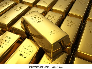 Macro view of rows of gold bars