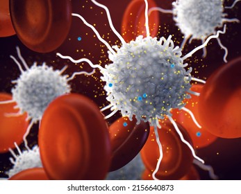 Macrophage Releasing Cytokines As A Part Of The Body Immune Response To Viral Infection, 3d Illustration. A Cytokine Storm Is The Overproduction Of Cytokines Which Can Lead To Organ Failure